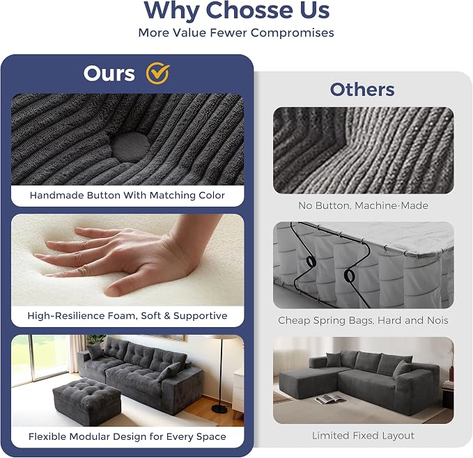 MAXYOYO 96" L Shaped Modular Sectional Sofa with Ottoman, Cloud Boneless Couch with Layered Cushion, Upholstered Sofa in a Box, Flexible Module Combination for Living Room, No Assembly, Dark Grey