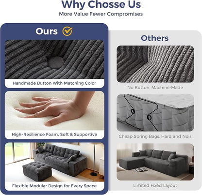 MAXYOYO 96" L Shaped Modular Sectional Sofa with Ottoman, Cloud Boneless Couch with Layered Cushion, Upholstered Sofa in a Box, Flexible Module Combination for Living Room, No Assembly, Dark Grey