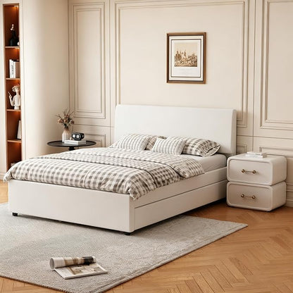 Full Size Upholstered Platform Bed w/Trundle Bed & 2 Storage Drawers | Twin Size Trundle,Two Drawers,LED Lighting Controlled by APP, USB+Type-C Charging Ports, Chenille Upholstered Bed Frame,Beige
