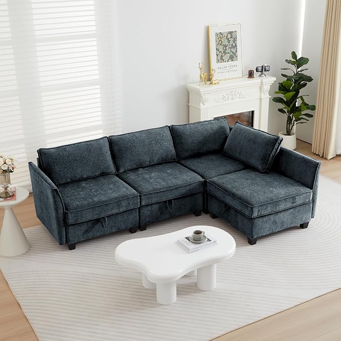 ORRD Corner Modular Sectional Sofa Set, Convertible L Shaped Couch with Storage, 4 Seater Sofa Modular for Living Room, Office (Blue Grey)