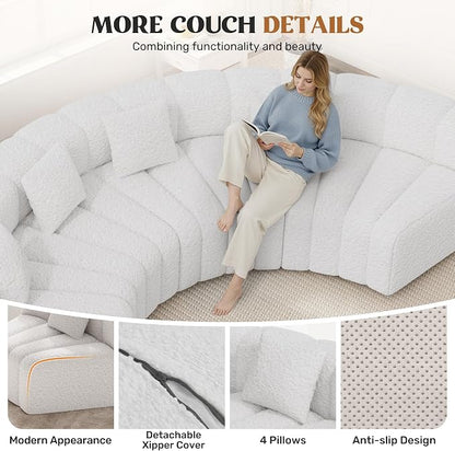 Luxanimarion 2PCS 1/8 Round Modular Sectional Sofa, 2 Seater Modern Curved Cloud Couch Modules, Convertible Boneless Couches for Living Room, No Assembly Required, White