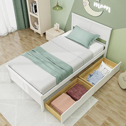 KOMFOTT Twin Size Wood Bed Frame with 2 Storage Drawers, Mid Century Platform Bed Frame with Headboard, Sturdy Wooden Slats Support, Modern Mattress Foundation, No Box Spring Required, Easy Assembly