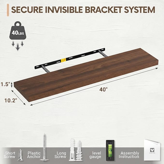 Vivelove 10" Deep Floating Shelves with Invisible Brackets, 40" Wall Shelves for Bathroom Bedroom Kitchen Living Room Laundry, Modern Rustic Shelves for Home Decor, 40"x10.2"x1.5", Set of 2, Walnut