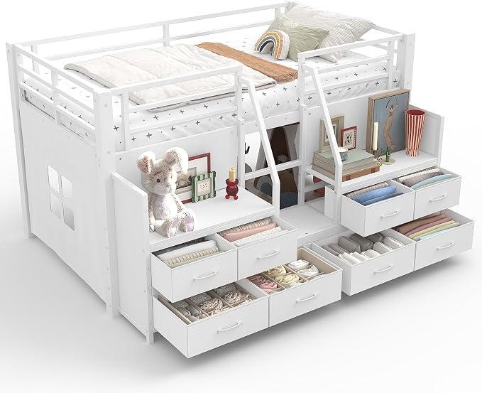 Bellemave Low Loft Bed Twin Size with Storage Shelves & Fabric Drawers, Metal Twin Loft Bed for Kids with LED Lights & Under-Bed Play Area, Low Loft Bed Frame for Bedroom, No Box Spring Needed, White