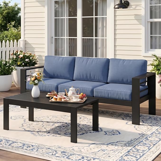 Wisteria Lane Aluminum Outdoor Sofa, 2 Pieces Patio Couch All-Weather Rust-Proof Modern Metal Patio Furniture with 5" Thick Olefin Cushions, Light Grey