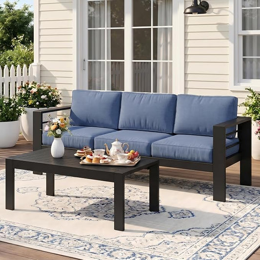 Wisteria Lane Aluminum Outdoor Sofa, 2 Pieces Patio Couch All-Weather Rust-Proof Modern Metal Patio Furniture with 5" Thick Olefin Cushions, Light Grey