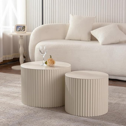 Nesting Round Coffee Table Set of 2, Morden End Table for Small Spaces, Drum Side Table, Circle Wooden Center Table for Living Room, Fully Assembled