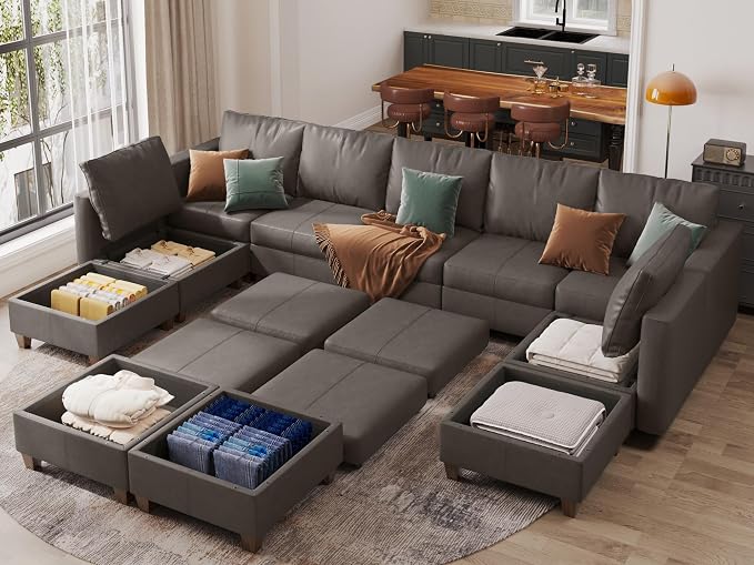 EASE MOOSE Faux Leather Sectional, Large Modular Sofa Couch U Shaped Sectional Couch with Storage Ottomans, Grey