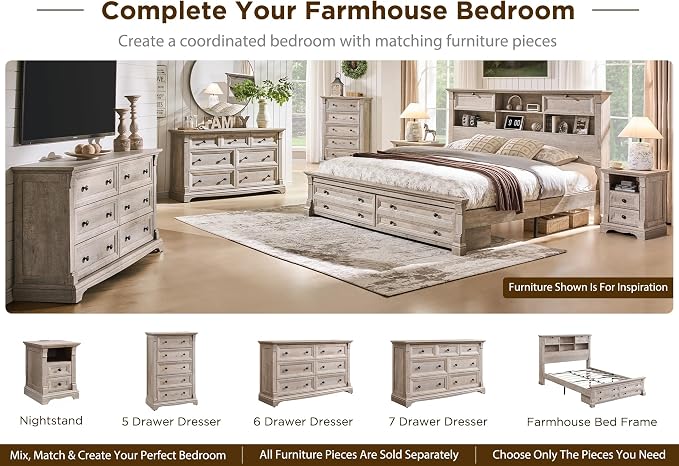 Farmhouse Queen Size Bed Frame with 54" Tall Storage Bookcase Headboard, 18" Roman Column Decoration Footboard,2 Drawer & 4 Storage Rack,Wood Platform Bed Frame, No Box Spring Needed(Light Rustic Oak)