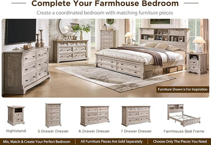 Farmhouse Queen Size Bed Frame with 54" Tall Storage Bookcase Headboard, 18" Roman Column Decoration Footboard,2 Drawer & 4 Storage Rack,Wood Platform Bed Frame, No Box Spring Needed(Light Rustic Oak)