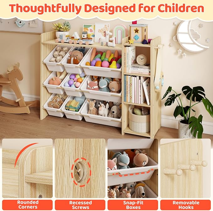 DOREROOM Toy Storage Organizer with Bookshelf, Kids Toy Storage and Organizers with 3 Shelves/9 Bins/3 Hooks, Bin Shelf, Toy Organization for Playroom, Nursery, Bedroom, Toddler Room | Wood & White