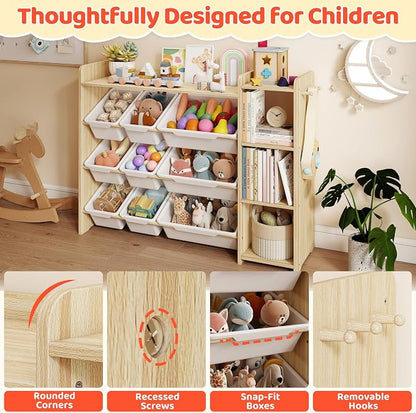 DOREROOM Toy Storage Organizer with Bookshelf, Kids Toy Storage and Organizers with 3 Shelves/9 Bins/3 Hooks, Bin Shelf, Toy Organization for Playroom, Nursery, Bedroom, Toddler Room | Wood & White