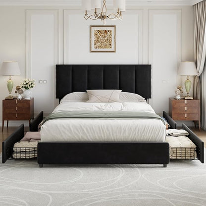 VECELO Full Size Bed Frame with 4 Storage Drawers, Adjustable Height Headboard, Heavy-Duty Platform Bedframe with Strong Wooden Slats, No Box Spring Needed, Black
