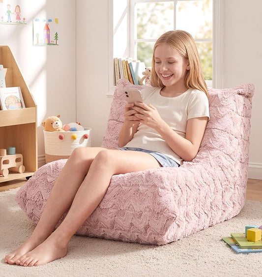 Hobestluk Medium Bean Bag Chair Faux Fur Fabric BeanBag Couch for Playroom | Pink Chevron,Ergonomic Design,Memory Foam,Strong Supportive,No Assembly Required,Decorative Style for Living Room Bedroom