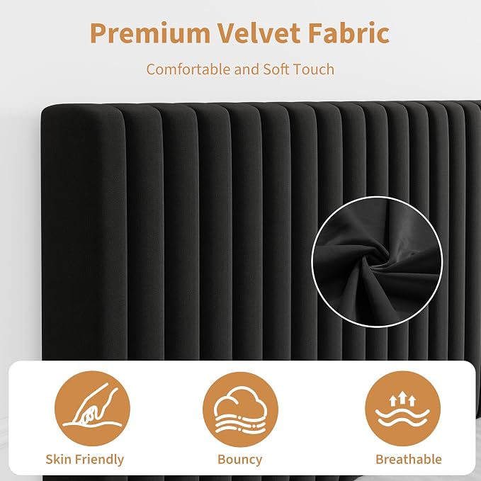 IDEALHOUSE King Bed Frame with Adjustable Headboard, Velvet Upholstered Platform King Size Bed Frame, Vertical Channel Tufted, Strong Wooden Slats, No Box Spring Needed, Easy Assembly, Black