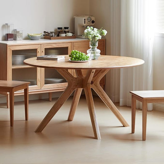 YESWOOD 43.3’’ Solid Wood Round Dining Table for 4, Oak Rustic Kitchen Table with Intersecting Pedestal Base, Farmhouse Circle Dinner Table for Dining Room, Living Room, Office, Natural