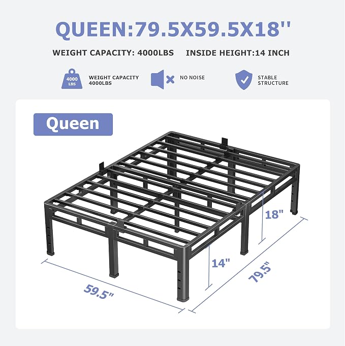 NKZ 18 Inch Queen Size Metal Bed Frame & Box Spring 2 in 1 Platform with Round Corner Legs, 4000Lbs Heavy Duty, Mattress Slide Stopper, Headboard Hole, Noise-Free, Easy Assembly