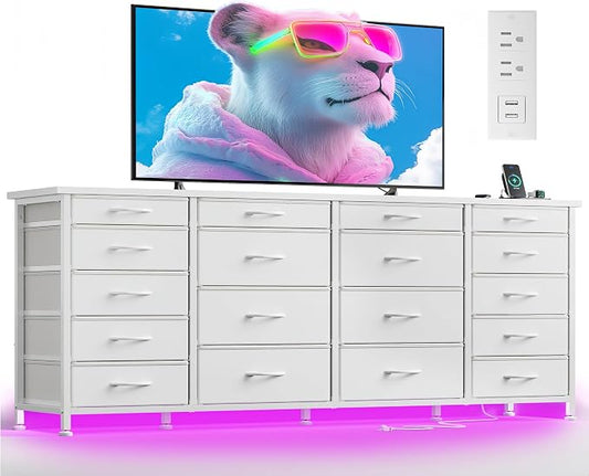 EnHomee 63" W White TV Stand for Living Room, 18 Drawers, LED & Charging | Long Dresser for 65"-75" TV, Deep Drawer, Spacious Storage, Drawers Glide, No Wobbling, Anti-tip, Easy Assembly, Wipes Clean