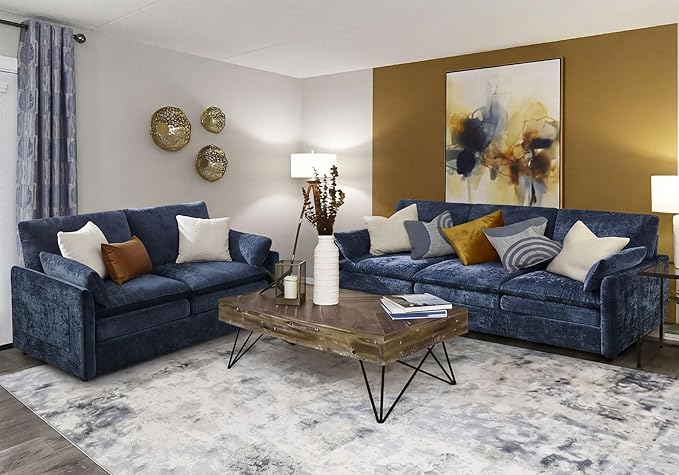 Iroomy Loveseat & 3 Seater, Chenille Cloud Couch, Modern Sofa, Comfy Plush Thick Cushions, Pocket Springs, Cloud-Like Comfort Sofas, Living Room Furniture Sets, Blue