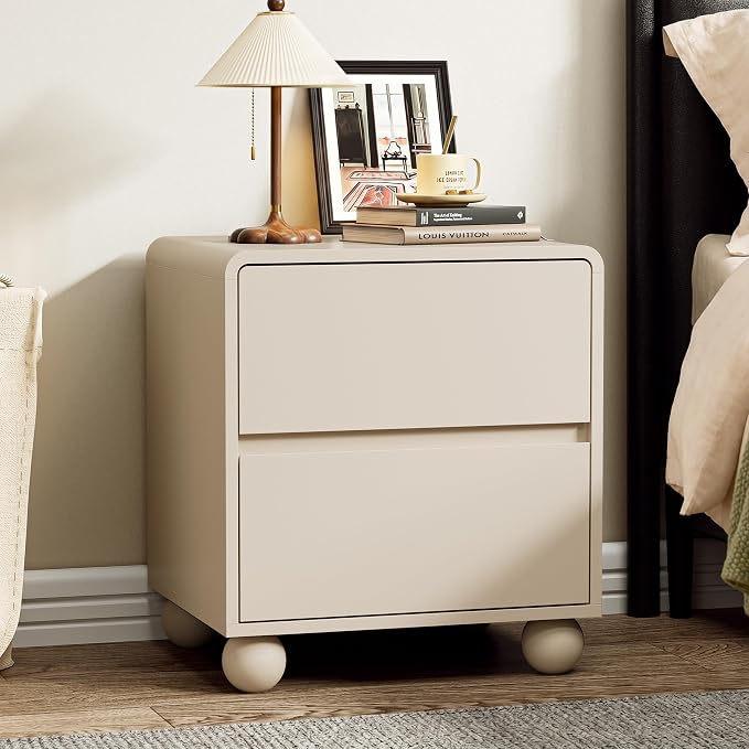 Furniway Beige Nightstand Set of 2, Modern 2 Drawer Bedside Table with Curved Profile Design and Handle-Free Drawers, Modern End Table with Storage for Bedroom