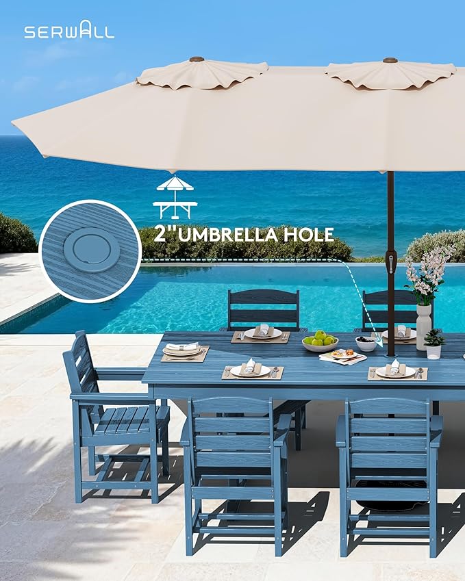 SERWALL 9 Piece 84" HDPE Outdoor Dining Set for 8 with Armchairs and Umbrella Hole, Blue