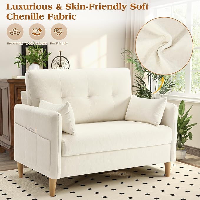 Hanherry Loveseat Sofa, 47” Small Couch for Living Room, Comfy Chenille Fabric Love Seat for Bedroom withThrow Pillow,Removable Cushion Cover,Couches for Small Space,Apartment,Dorm