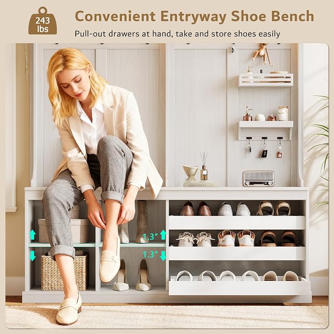 iPormis 70“ Large Hall Tree with Bench and Adjustable Shoe Storage, 6-in-1 Farmhouse Entryway Bench w/Coat Rack, Top Storage, Small Shelves for Entryway, Living Room, Led Lights, White