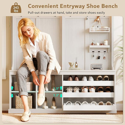 iPormis 70“ Large Hall Tree with Bench and Adjustable Shoe Storage, 6-in-1 Farmhouse Entryway Bench w/Coat Rack, Top Storage, Small Shelves for Entryway, Living Room, Led Lights, White