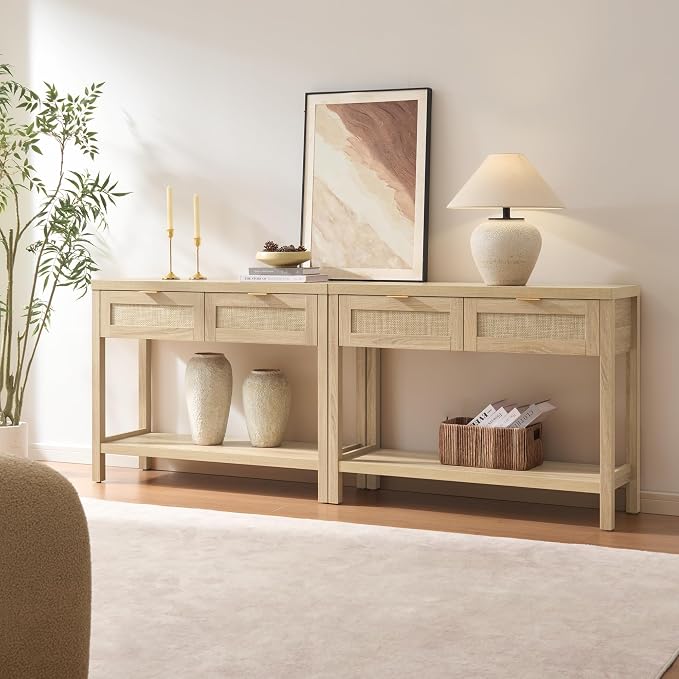 SICOTAS Console Table Set of 2 - Boho Entryway Table with Storage and Rattan Drawers, 2 Tier Shelf, Narrow Long Sofa Tables for Living Room, Natural Entry Table for Hallway, Foyer