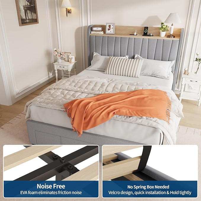 Garvee Queen Upholstered Platform Bed Frame with Storage Headboard, Drawers, Built-in Charging Station, Sturdy & Noise-Free, No Box Spring Needed, Easy Assembly, Grey