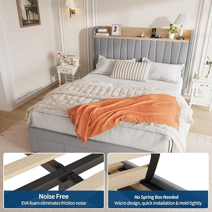 GarveeHome Upholstered Bed Frame with Storage Headboard and Charging Station, Platform Bed Frame with Drawers, Heavy Duty, No Box Spring Needed, Easy Assembly, Grey, Queen Size