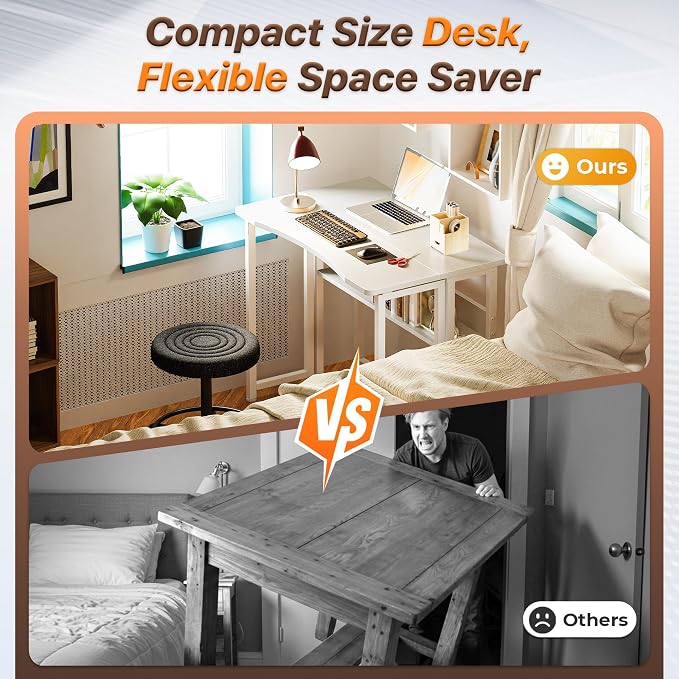 Huuger Folding Desk with Storage Shelf, 31.5 Inch Foldable Computer Table for Small Spaces, Space Saving Sofa Table for Couch, Writing Work Office Computer Desk, Easy to Fold, White
