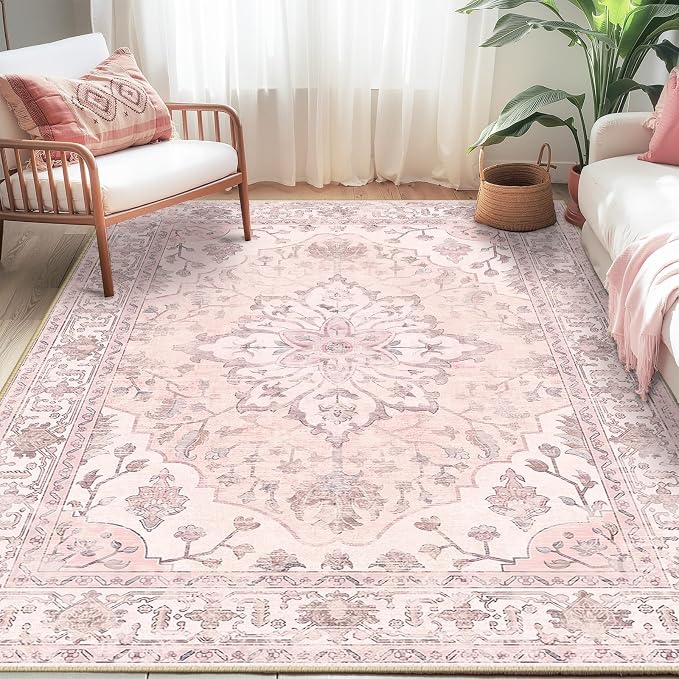 RELEANY Area Rugs 5'x7' Washable Non-Slip, Floral Vintage Distress Medallion Carpet for Living Room Bedroom Dining Room, Pink Greypink Cute