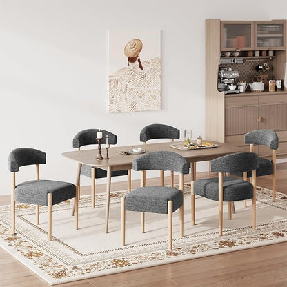 VKNOW Wooden Dining Chairs Set of 6 with Curved Open Back, Orange | Natural Rubberwood Legs, Soft Chenille Fabric, Thickened Cushion, For Adults and Family, Dining Room, Kitchen, No Wobble