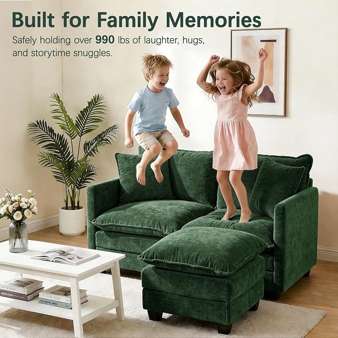 52" Loveseat Sofa, L-Shaped Cloud Couch with Ottoman, Comfy Chenille Love Seat with 2 Pillows, Small Loveseat for Small Spaces, Living Room, Bedroom,Apartment and Office, Green