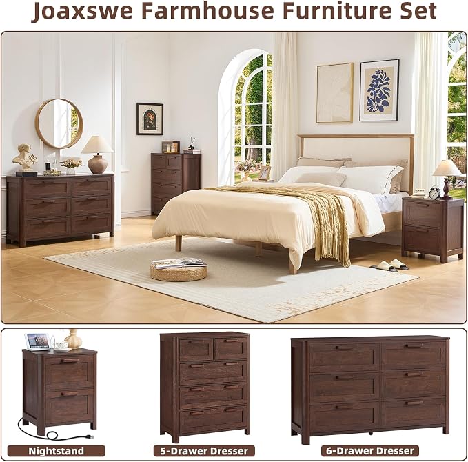 Joaxswe Farmhouse 6 Drawer Dresser for Bedroom, Horizontal Dressers with 6 Deep Drawers & 4 Thickened Table Legs & Round Table Corner, Walnut