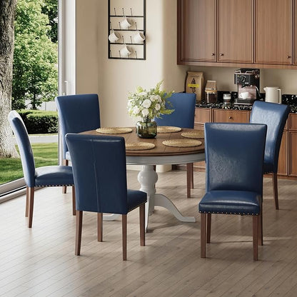 COLAMY Upholstered Parsons Dining Chairs Set of 4, PU Leather Dining Room Kitchen Side Chair with Nailhead Trim and Wood Legs - Blue