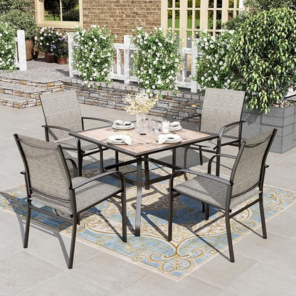 HERA'S HOUSE Patio Table and Chairs for 4, 5 Pieces Outdoor Deck Dining Sets, Square Metal Table Set with Chairs for Lawn Garden Backyard, Brown