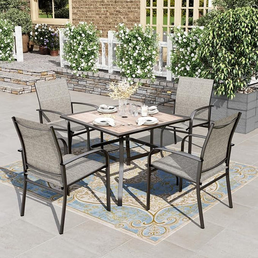 HERA'S HOUSE Patio Table and Chairs for 4, 5 Pieces Outdoor Deck Dining Sets, Square Metal Table Set with Chairs for Lawn Garden Backyard, Brown