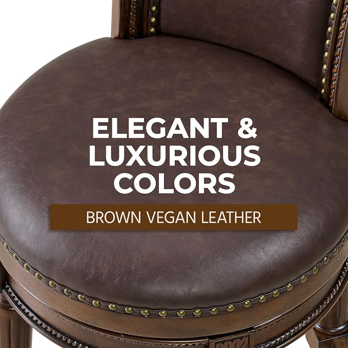 ROME + OAK Runyan 26" Swivel Counter Stool, Rotating High Back Barstool in Dark Walnut Finish with Vintage Brown Vegan Leather Seat