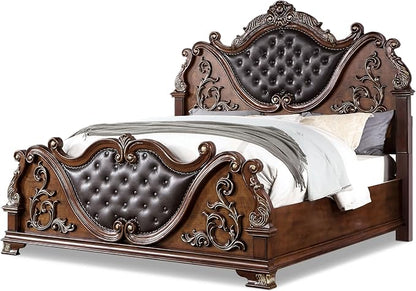 Furniture of America Clairibel Wood 3-Piece Bedroom Set, King-Size Bed with Button-Tufted Headboard, Marble Top Nightstand & Dovetail Drawers, Box Spring Required, Brown Cherry