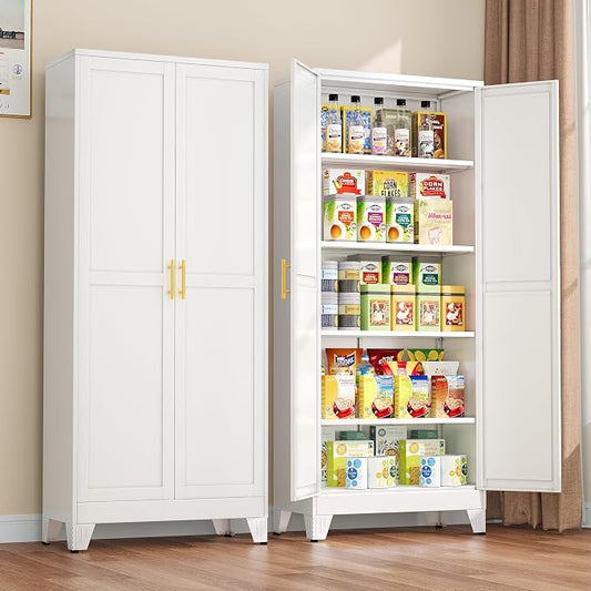 winiowa Metal Pantry Cabinet with 2 Doors and Adjustable Shelves - 71" Kitchen Storage Cabinet with Gold Handles - Versatile Storage for Kitchen, Bathroom, Dining Room, Utility Room - White