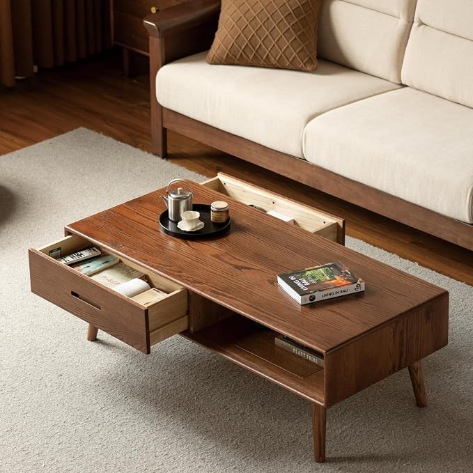 100% Solid Wood Coffee Table with Storage, Mid Century Modern Coffee Tables for Living Room, 39.37" W Coffee Table with 2 Drawers for Home (Oak Walnut Colour)