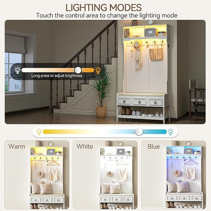 Gurexl 67” Farmhouse Hall Tree with Shoe Storage, Auto Sensor Wood Coat Tree with LED Lights, 3-in-1 Entryway Bench with Coat Rack, Hooks and Drawers for Hallway, Living Room, Bedroom (White)