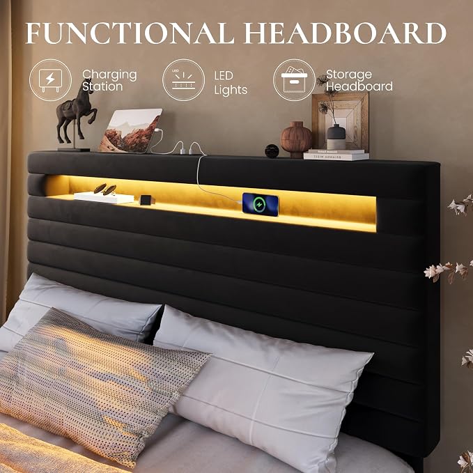SHA CERLIN Full Bed Frame with LED Light & 2-Tier Storage Shelf, Velvet Upholstered Adjustable Headboard with Charing Station, Horizontal Channel Tufted, No Box Spring Needed, Easy Assembly, Black