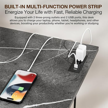 TEMI Small Computer Desk Folding Table - No Assembly, Compact 55.1" Foldable Desk with Power Outlets & USB Charging Port, Portable Small Office Desk, Ideal Mini Study Table, Marble Greige
