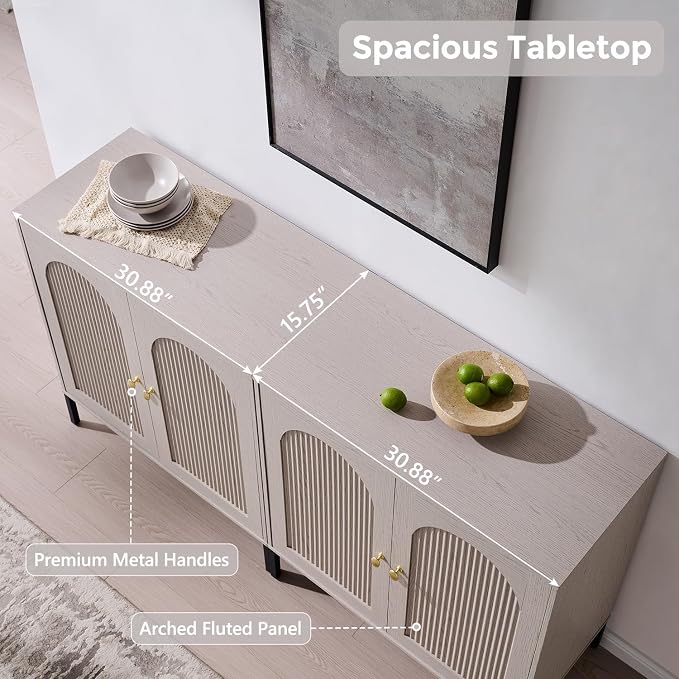 IFGET Modern Buffet Cabinet with Storage, 61.75" W Fluted Arched Sideboard Cabinet w/Adjustable Shelves, Wooden Modular Coffee Bar for Dining Room, Kitchen, Living Room, Entryway, Light Grey