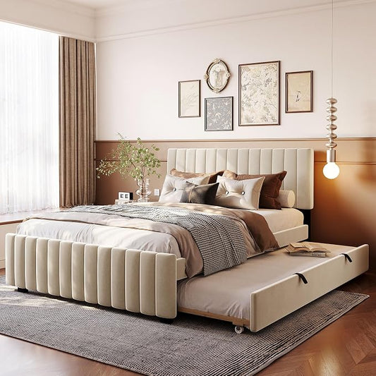 Ball & Cast Queen Bed Frame with Twin XL Size Trundle,Velvet Upholstered Platform Bed Frame Queen Size with Channel Tufted Headboard,Wood Slats Support,No Box Spring Needed,Easy Assembly,Beige
