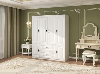 Armoire Wardrobe Closet: White Wood Large Bedroom Armoires Wood Wardrobe Cabinet with 4 Door 2 Drawers Tall Closet with Shelves and 2 Hanging Rail Room