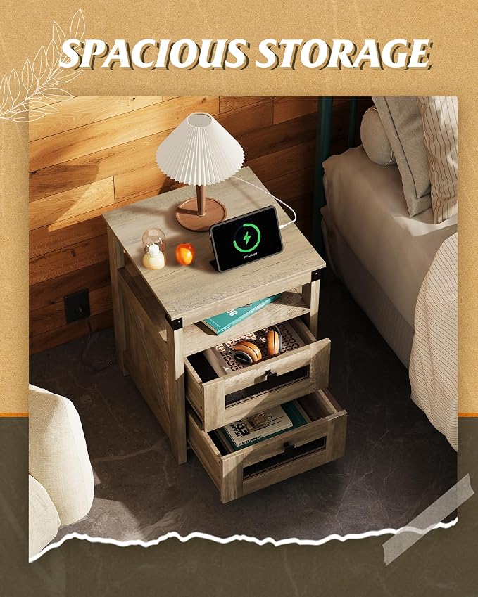 WLIVE Nightstand with Charging Station, Farmhouse End Table, Bed Side Table with 2 Storage Drawers and Open Shelf, Wood Rustic Nightstands for Bedroom, Greige